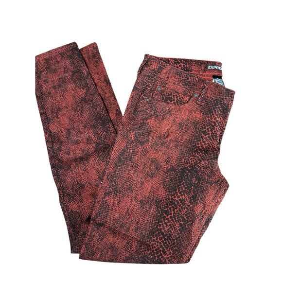 Express Stella Low Rise Jean Leggings Size 10 Red Black Python Snake Print - Picture 1 of 5